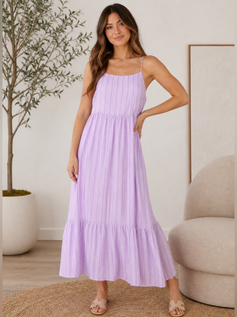 Riley & Rae Lilac Petal Halter Tiered Maxi Dress Striped Summer NWT Large